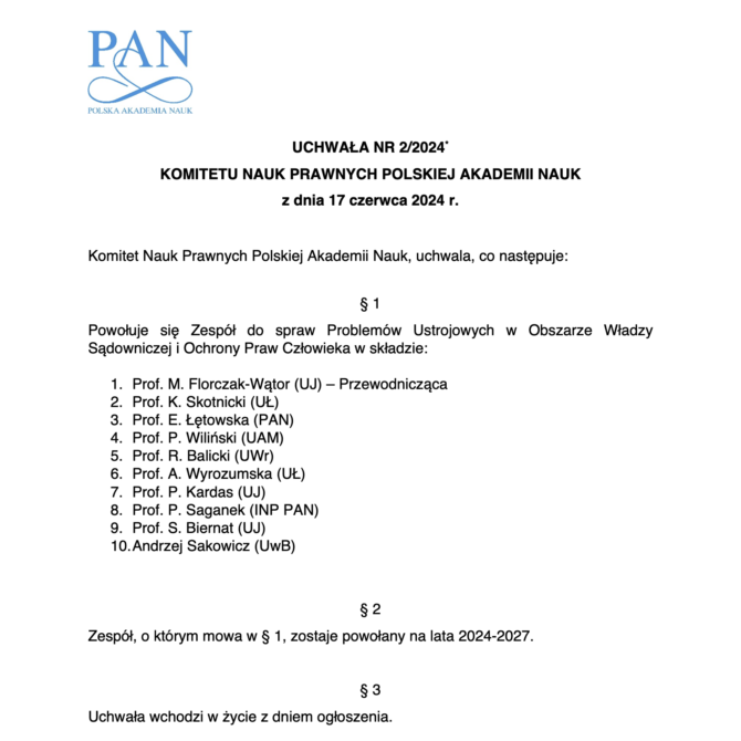 Uchwała nr 2/2024 KNP PAN z dnia 17 czerwca 2024 r. w sprawie powołania Zespołu do spraw Problemów Ustrojowych w Obszarze Władzy Sądowniczej i Ochrony Praw Człowieka