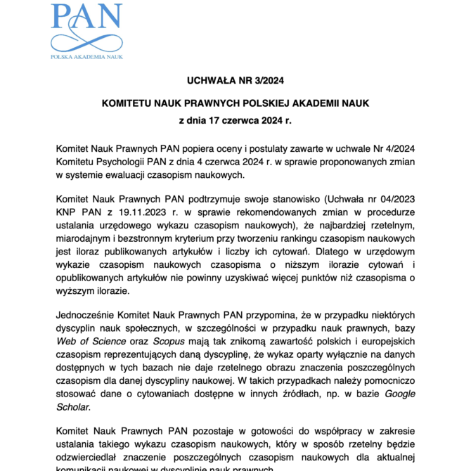 Uchwała nr 3/2024 KNP PAN z dnia 17 czerwca 2024 r. w sprawie poparcia oceny i postulatów zawartych w Uchwale nr 4/2024 Komitetu Psychologii PAN w sprawie proponowanych zmian w systemie ewaluacji czasopism naukowych