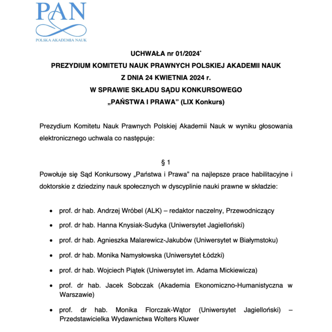 Uchwała nr 01/2024 Prezydium KNP PAN z dnia 24.04.2024 r. w sprawie składu Sądu Konkursowego „Państwa i Prawa” (LIX Konkurs)