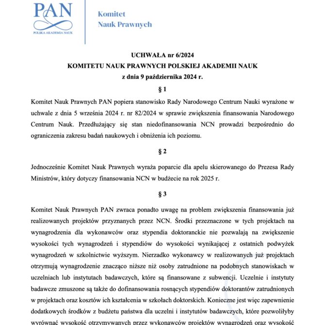 UCHWAŁA nr 6/2024 KNP PAN z dnia 9 października 2024 r.