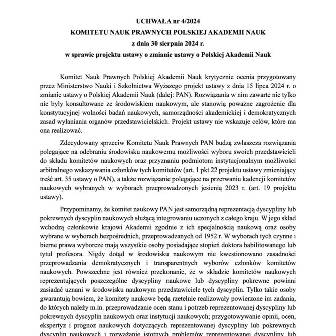 UCHWAŁA nr 4/2024 KNP PAN z dnia 30 sierpnia 2024 r. w sprawie projektu ustawy o zmianie ustawy o Polskiej Akademii Nauk