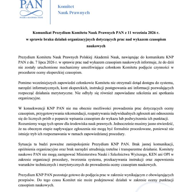 Komunikat Prezydium KNP PAN z 11.09.2026 r. w sprawie braku działań organizacyjnych dotyczących prac nad wykazem czasopism naukowych