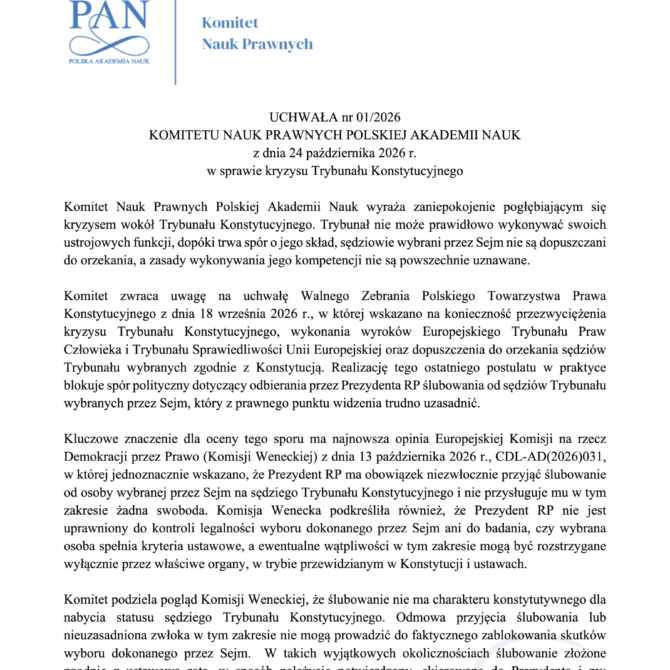 Uchwała nr 01/2026 KNP PAN z dnia 24 października 2026 r. w sprawie kryzysu Trybunału Konstytucyjnego